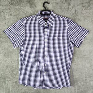 Mens Izod Poplin Shirt White & Purple Plaid Short Sleeve Button Down Size Large